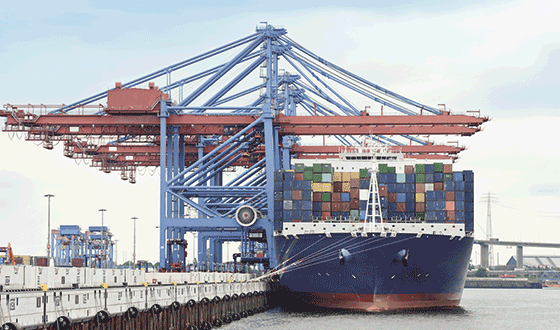 una nave portacontainer carica di container viene scaricata al porto